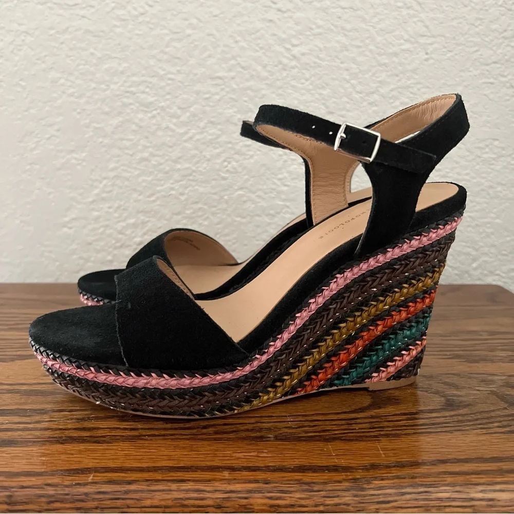 Anthropologie Black Wedges With Multicolor Woven Heels EU 39 US 9
